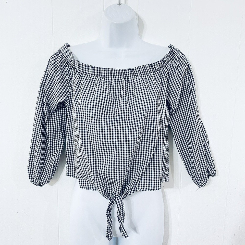Ivy and Main TIE WAIST Cropped M Black White GINGHAM On Off Shoulder 3/4 Sleeves